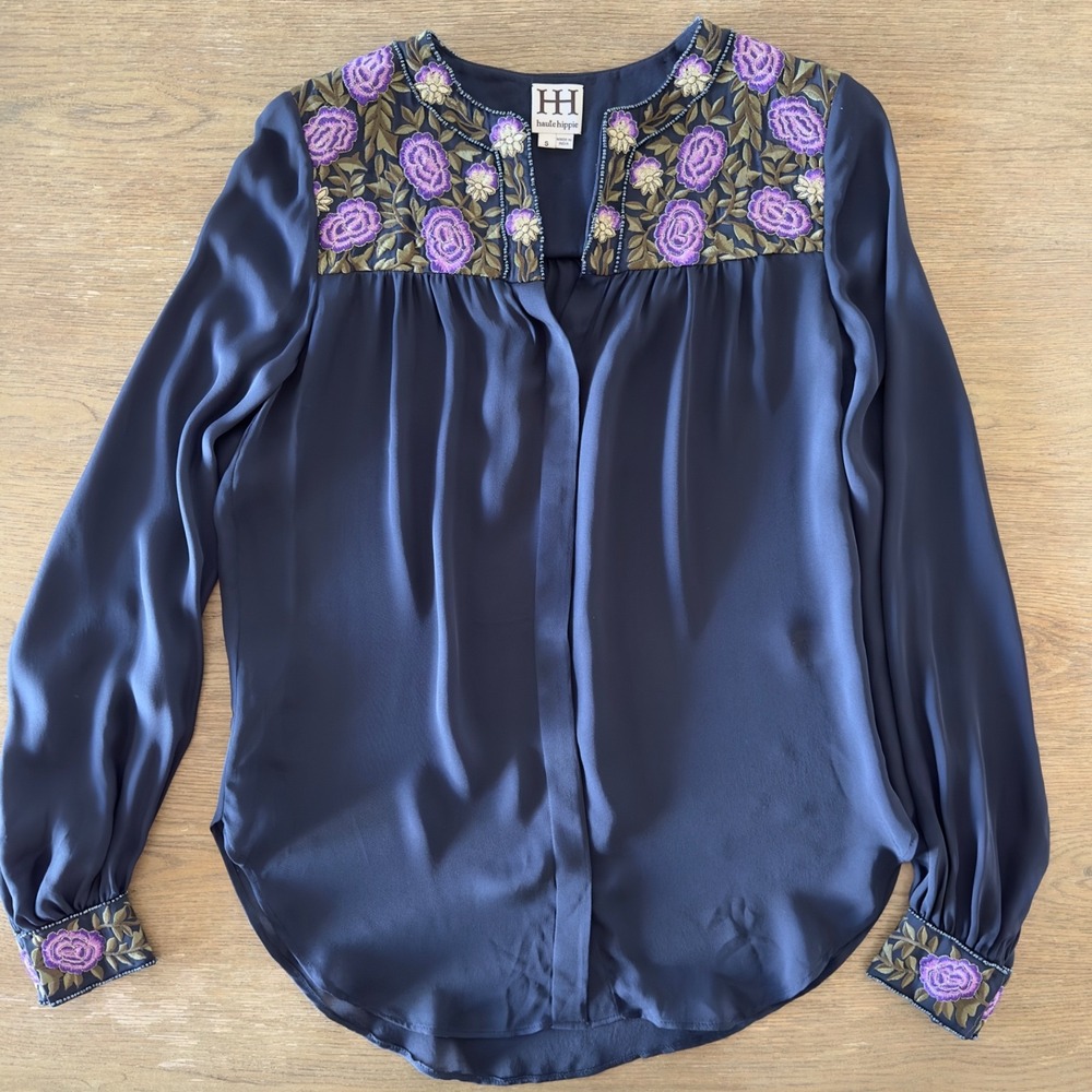 Haute Hippie Long Sleeve Button Up Embroidered &‎ Beaded Silk Blouse-Navy-Size S